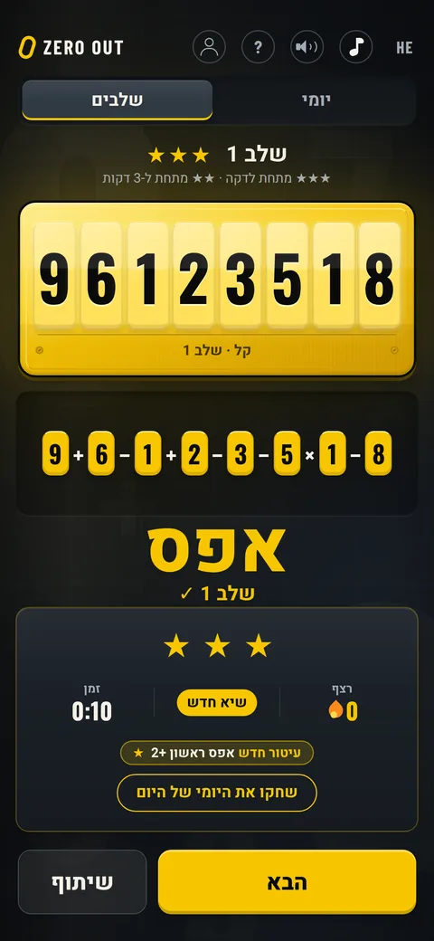 משחק Zero Out בטלפון: שלב 1 נפתר, התרגיל מגיע לאפס ומופיעים זמן, ״שיא חדש״ ועיטור חדש